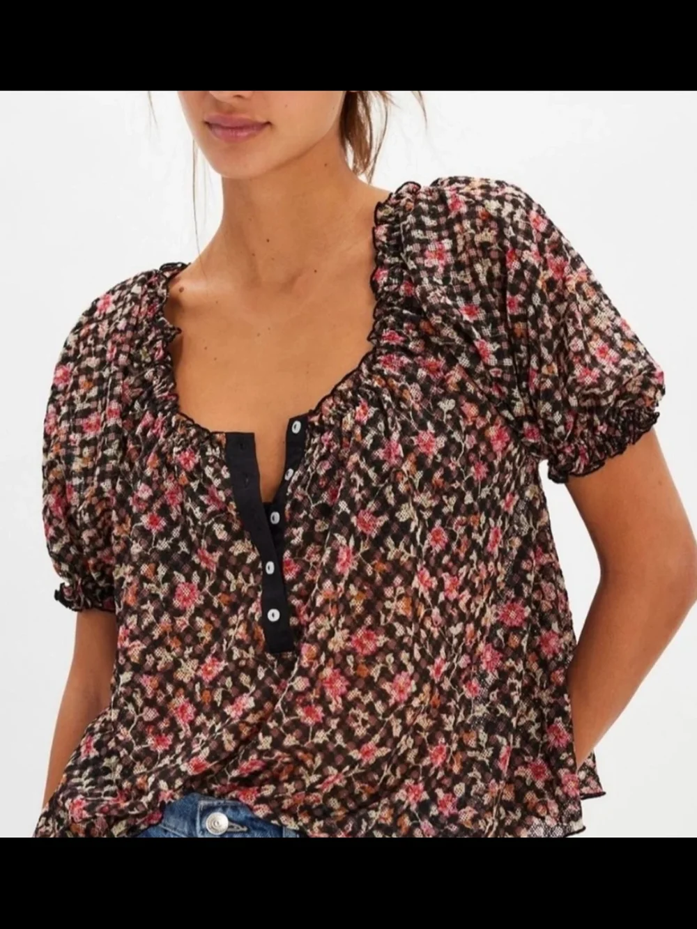 Free People Floral Puff-Sleeve Peasant Top in Black and Pink, SZ L, NWT